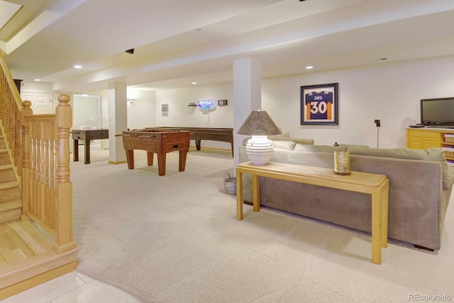 game room featuring light carpet, recessed lighting, and pool table