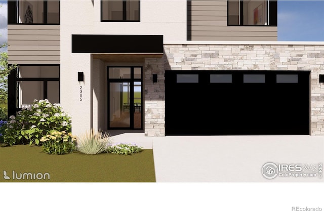 property entrance featuring stone siding and stucco siding