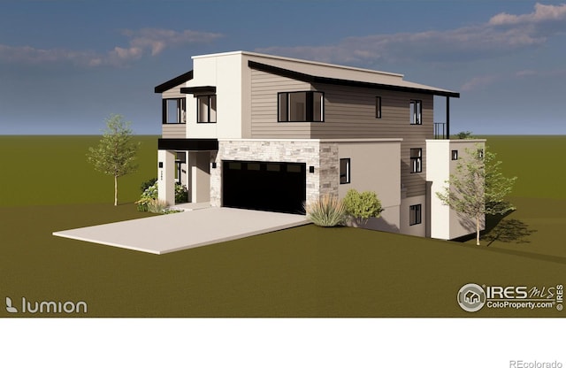 view of front facade with a garage, stone siding, and driveway