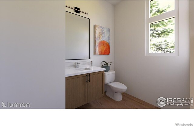 bathroom with vanity, hardwood / wood-style flooring, and toilet