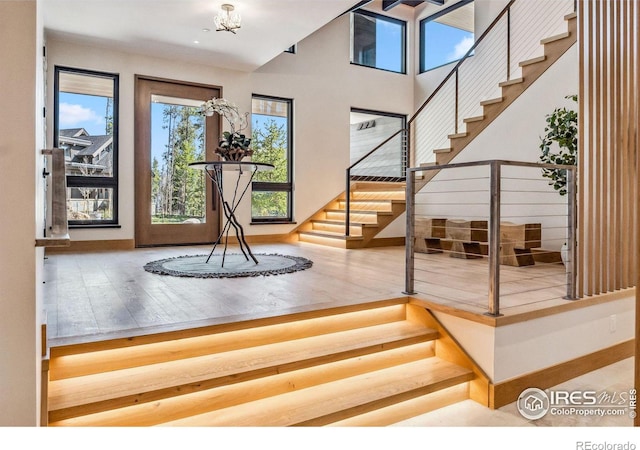 foyer entrance with wood-type flooring and a high ceiling