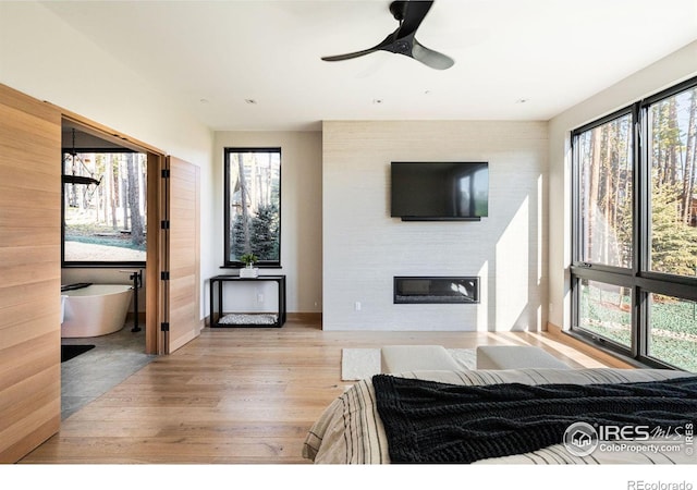 bedroom featuring ceiling fan, multiple windows, and light hardwood / wood-style flooring