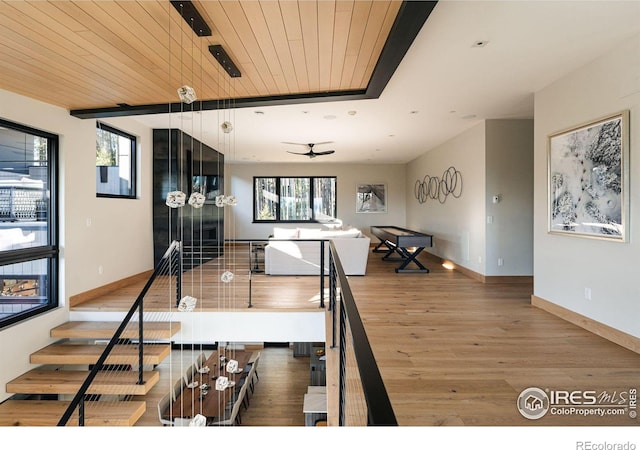 interior space with wood-type flooring, wooden ceiling, and plenty of natural light