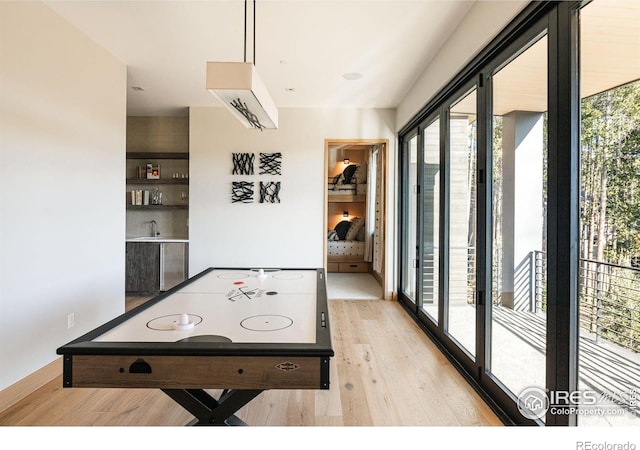 playroom with light hardwood / wood-style flooring and indoor wet bar