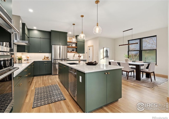 kitchen with decorative light fixtures, an island with sink, stainless steel appliances, backsplash, and sink