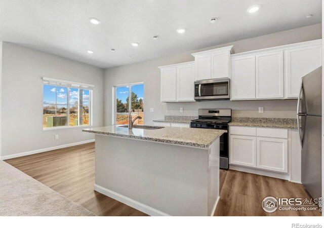 kitchen with a center island with sink, wood-type flooring, appliances with stainless steel finishes, and sink