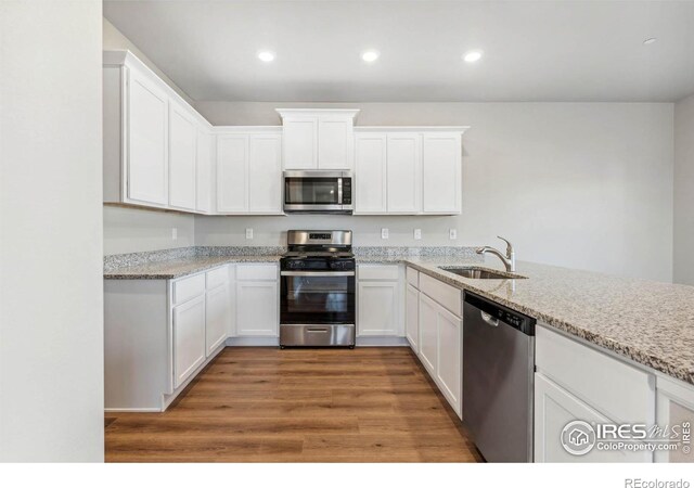 kitchen featuring sink, light hardwood / wood-style flooring, light stone counters, and stainless steel appliances