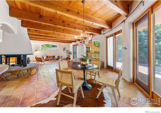 dining area with beam ceiling, a chandelier, wood ceiling, and a healthy amount of sunlight