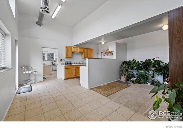 kitchen with plenty of natural light, a towering ceiling, and light tile patterned floors