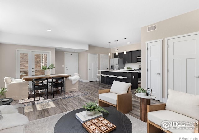 living room featuring french doors and dark wood-type flooring