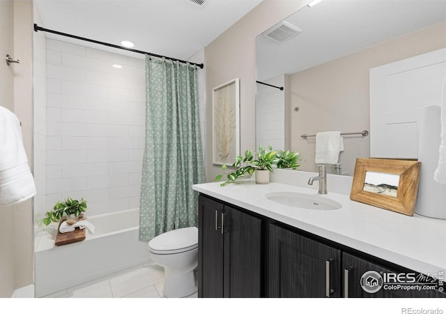 full bathroom with shower / bathtub combination with curtain, vanity, toilet, and tile patterned floors