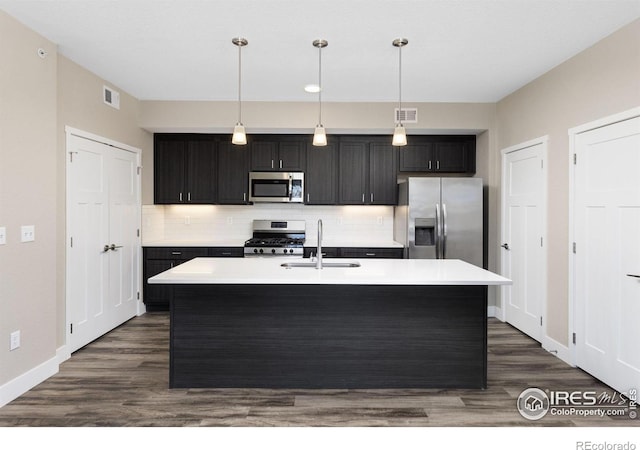 kitchen featuring sink, dark wood-type flooring, tasteful backsplash, stainless steel appliances, and a center island with sink