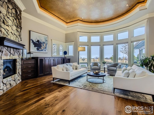 living room featuring a high ceiling, a stone fireplace, dark hardwood / wood-style flooring, a tray ceiling, and crown molding