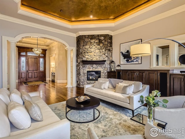 living room featuring crown molding, a stone fireplace, and a tray ceiling