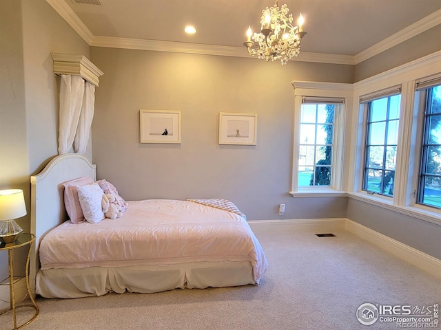 bedroom featuring a notable chandelier, carpet floors, and ornamental molding