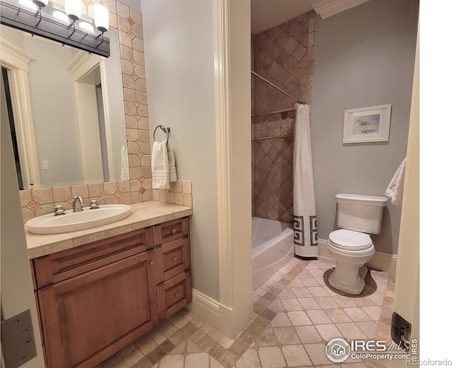 full bathroom with backsplash, shower / tub combo with curtain, tile patterned flooring, vanity, and toilet