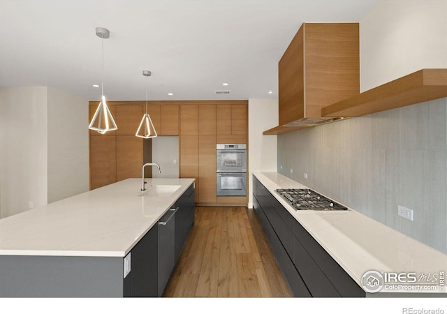 kitchen featuring a center island with sink, sink, hanging light fixtures, light hardwood / wood-style flooring, and stainless steel appliances