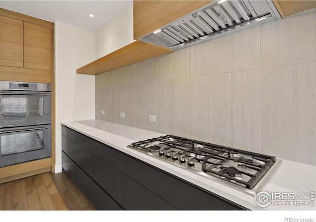 kitchen with dark hardwood / wood-style flooring, stainless steel appliances, backsplash, and exhaust hood