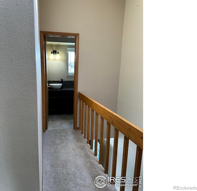 hallway with sink and carpet flooring