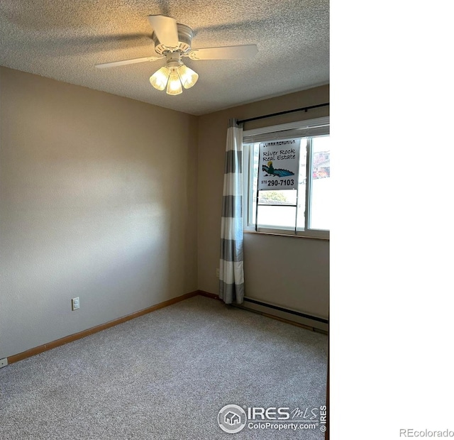 unfurnished room featuring carpet flooring, baseboard heating, ceiling fan, and a textured ceiling