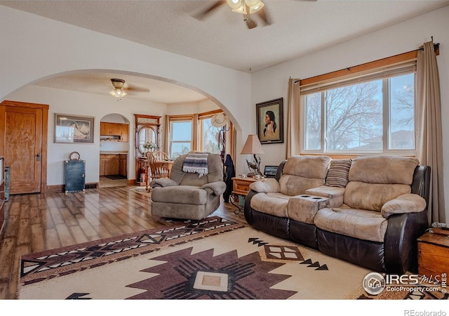 living room featuring ceiling fan, a textured ceiling, and hardwood / wood-style floors