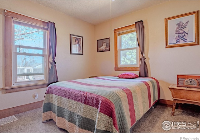 carpeted bedroom featuring multiple windows and a textured ceiling