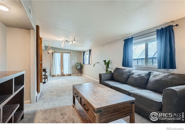 carpeted living room with a textured ceiling and a healthy amount of sunlight