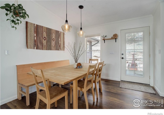 1553 Rowell Dr, Lyons, CO 80540 - dining area featuring healthy amount of natural light, wood finished floors, crown molding, and baseboards
