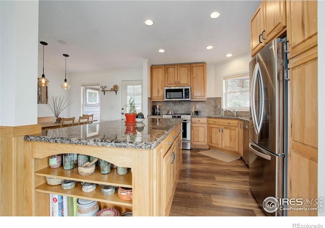1553 Rowell Dr, Lyons, CO 80540 - kitchen featuring stainless steel appliances, dark wood finished floors, dark stone countertops, open shelves, and recessed lighting