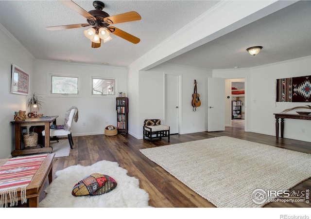 1553 Rowell Dr, Lyons, CO 80540 - office area featuring crown molding, wood finished floors, a textured ceiling, and ceiling fan