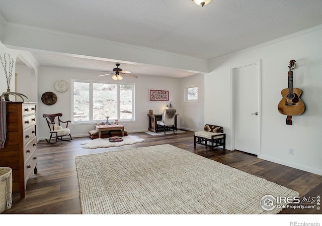 1553 Rowell Dr, Lyons, CO 80540 - sitting room with plenty of natural light, ornamental molding, dark wood-type flooring, ceiling fan, and baseboards