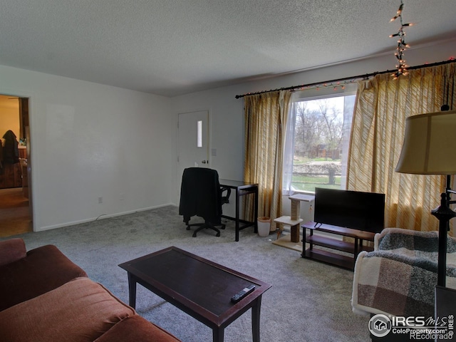 carpeted living room featuring a textured ceiling