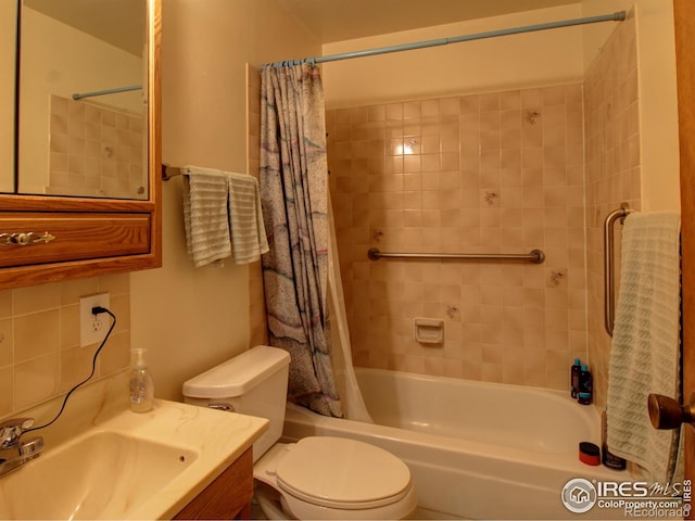 full bathroom with shower / bath combo, toilet, and vanity