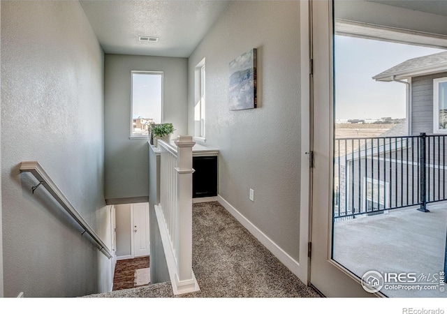 hall with a textured ceiling, carpet, and a wealth of natural light