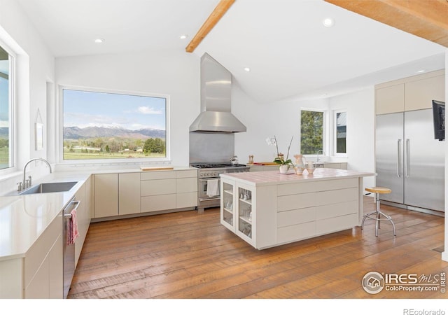 kitchen with sink, range hood, stainless steel appliances, lofted ceiling with beams, and a kitchen island