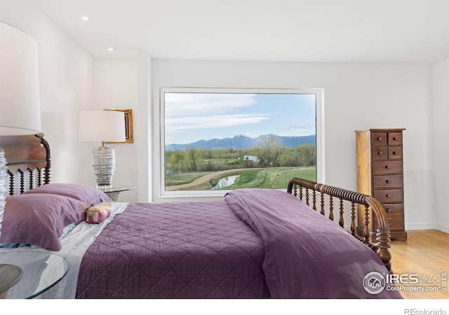 bedroom with a mountain view and hardwood / wood-style floors