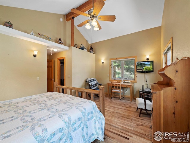 bedroom with beamed ceiling, light wood-type flooring, high vaulted ceiling, and ceiling fan