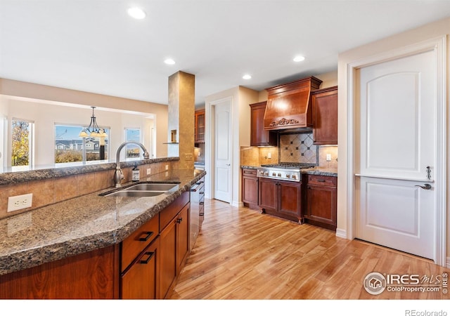 kitchen featuring sink, appliances with stainless steel finishes, custom exhaust hood, backsplash, and light wood-type flooring