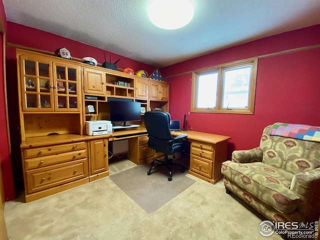 office area with light carpet and a textured ceiling