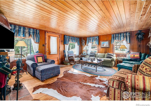 living room with wood-type flooring, wooden ceiling, and wood walls