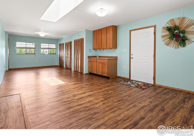 kitchen featuring wood-type flooring and a skylight