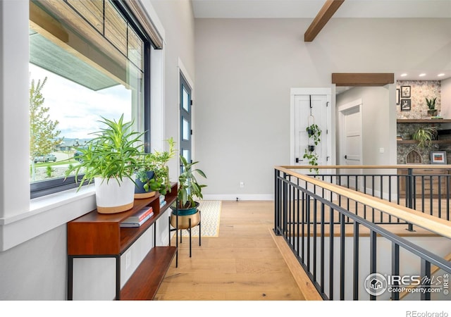 hallway with a wealth of natural light and light hardwood / wood-style flooring