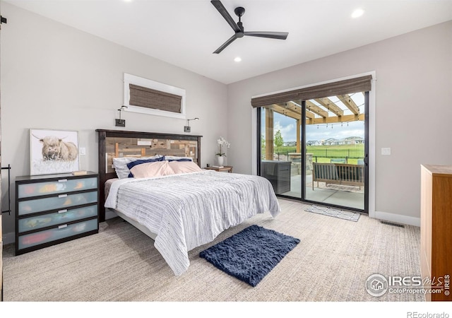 bedroom with ceiling fan, access to exterior, and light colored carpet