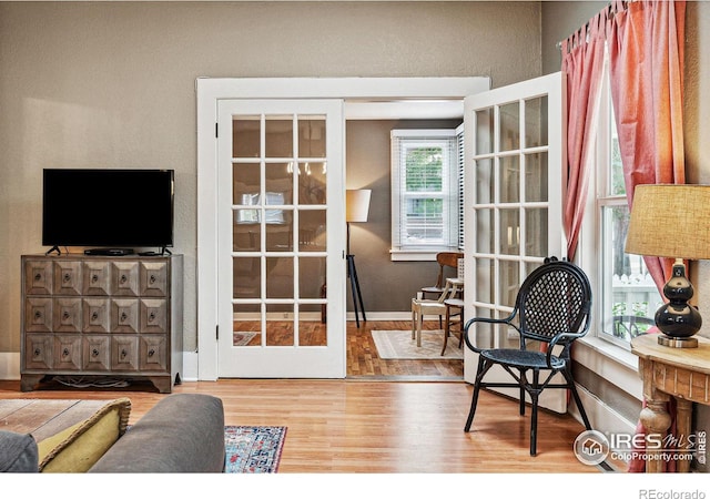 interior space with wood-type flooring and french doors