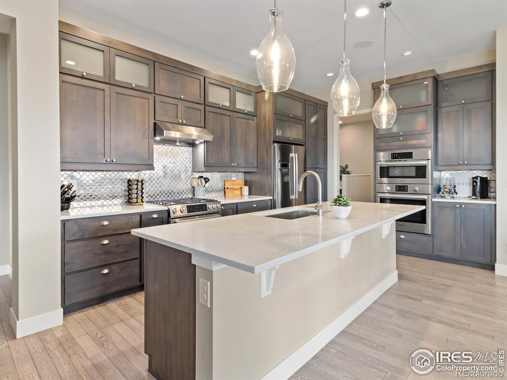 kitchen featuring tasteful backsplash, decorative light fixtures, appliances with stainless steel finishes, a center island with sink, and light hardwood / wood-style floors