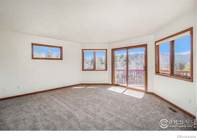 carpeted empty room featuring a mountain view and a wealth of natural light