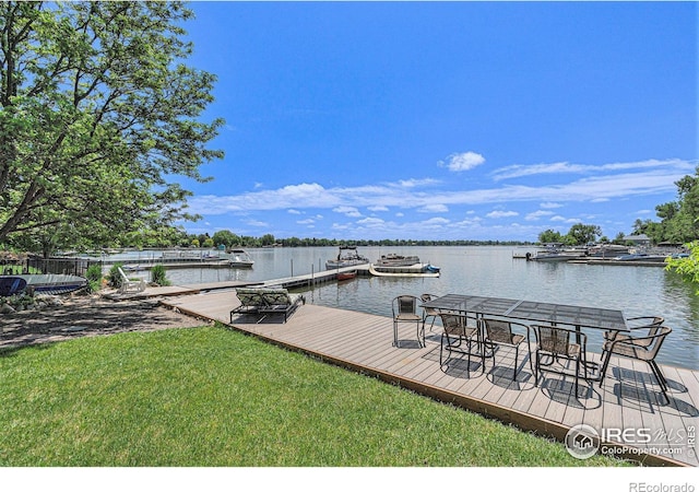 dock area featuring a water view and a lawn