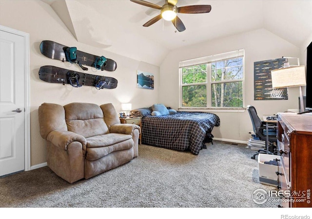 bedroom featuring carpet flooring, ceiling fan, and lofted ceiling