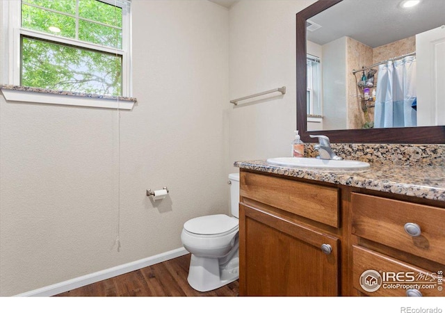 bathroom with hardwood / wood-style floors, vanity, toilet, and a shower with shower curtain