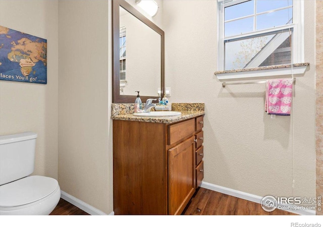 bathroom featuring hardwood / wood-style floors, vanity, and toilet